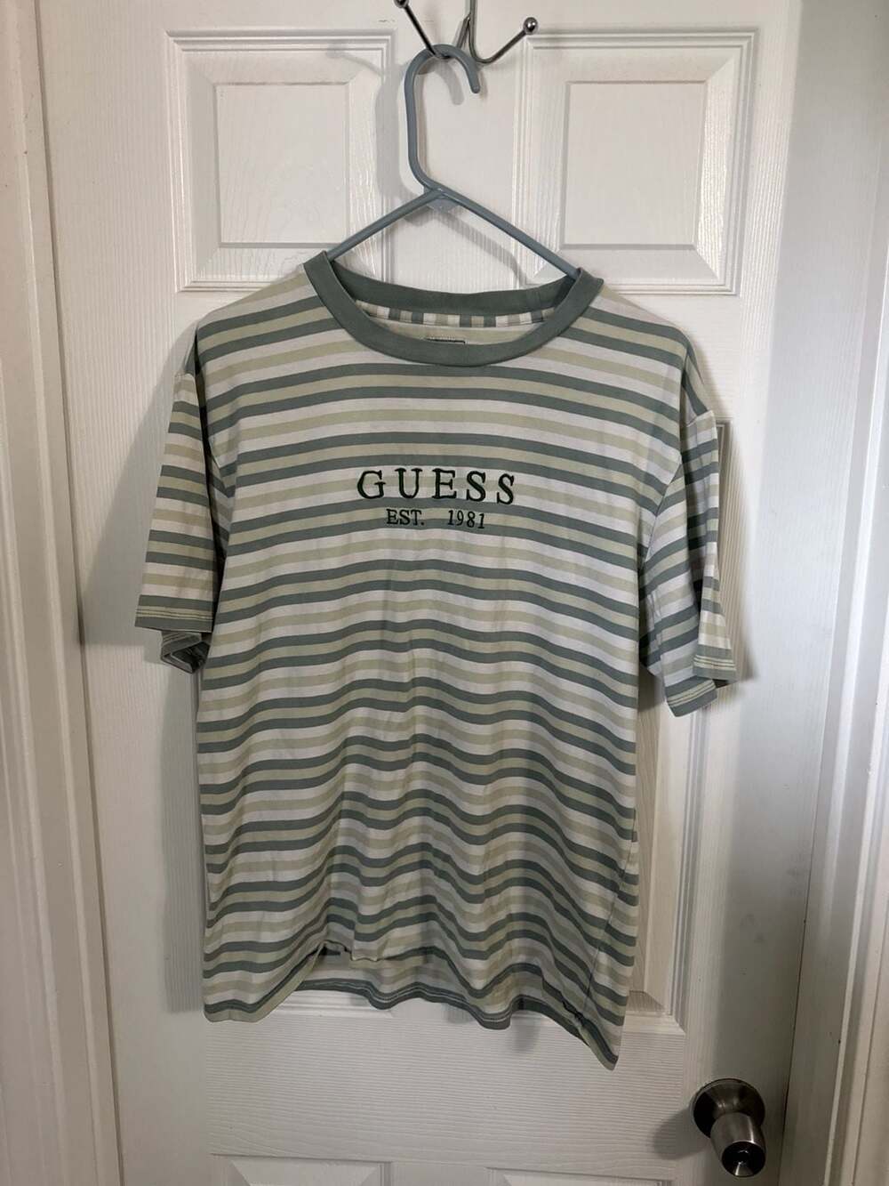 GUESS Originals Striped Green and White Spell Out T-Shirt